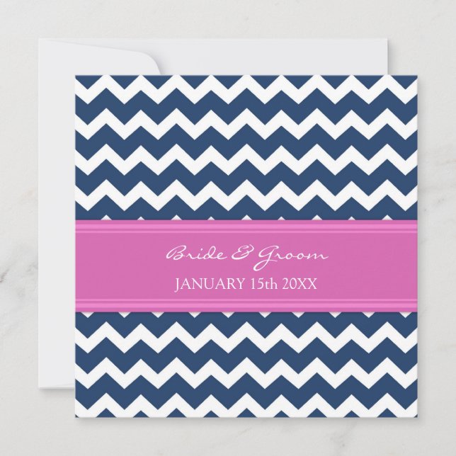 Wedding Invitations Dark Blue Hot Pink Chevron (Front)