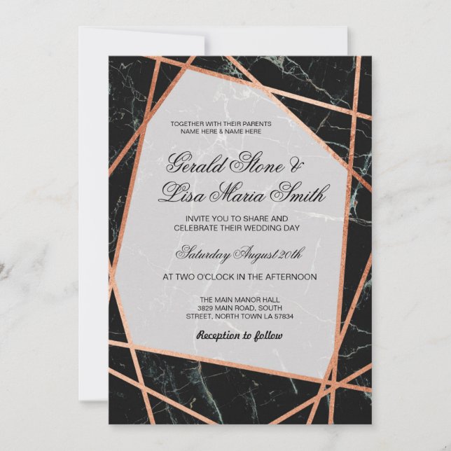 Wedding Invitations Elegant Black Marble Rose Gold (Front)