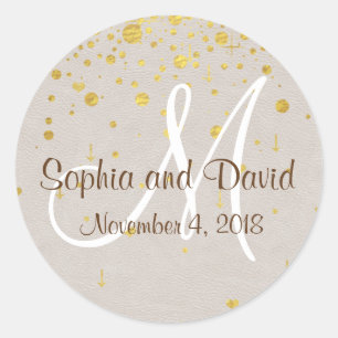 Wedding Invitations   Gold Confetti Monogram Classic Round Sticker