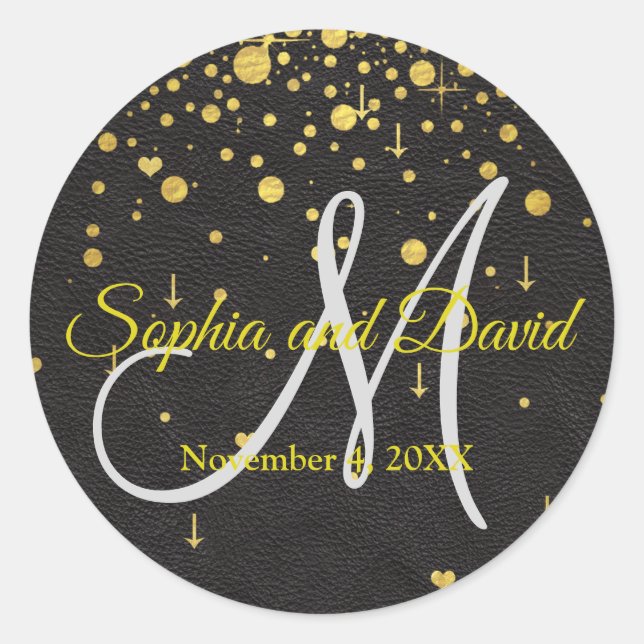 Wedding Invitations | Gold Confetti Monogram Classic Round Sticker (Front)