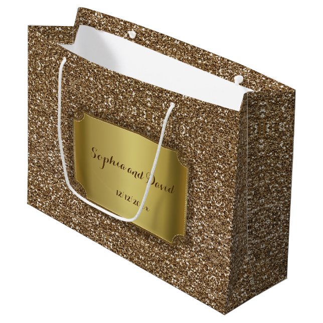 Wedding Invitations | Gold Glitter Custom Large Gift Bag (Front Angled)