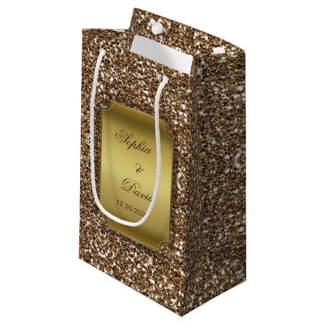 Wedding Invitations | Gold Glitter Custom Small Gift Bag (Front Angled)