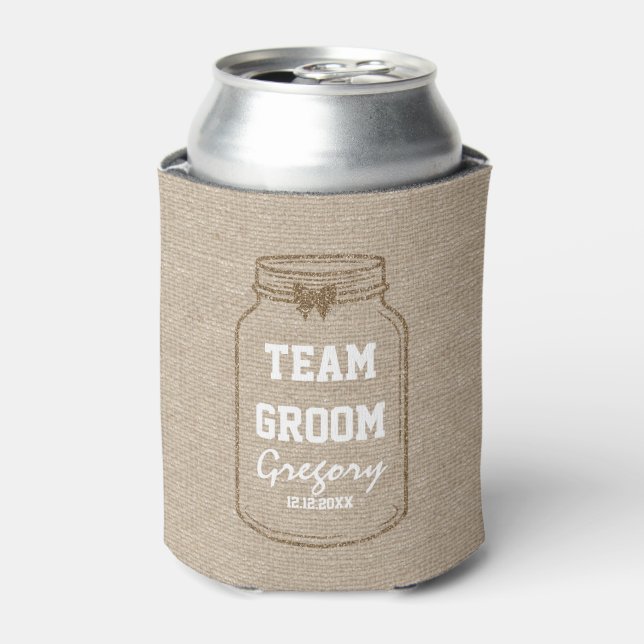 Wedding Invitations | Mason Jar Linen TEAM GROOM Can Cooler (Can Front)