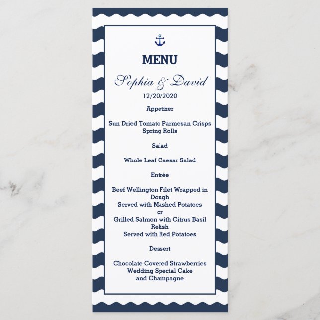 Wedding Invitations | Nautical Navy Waves Menu (Front)