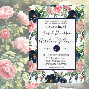 Wedding Invitations Navy Blue & Pink Roses Flowers