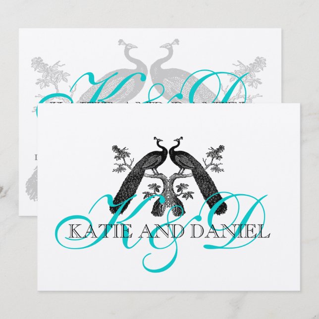 Wedding Invitations Peacocks Monogram Silver (Front/Back)