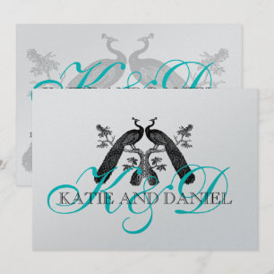 Wedding Invitations Peacocks Monogram Silver