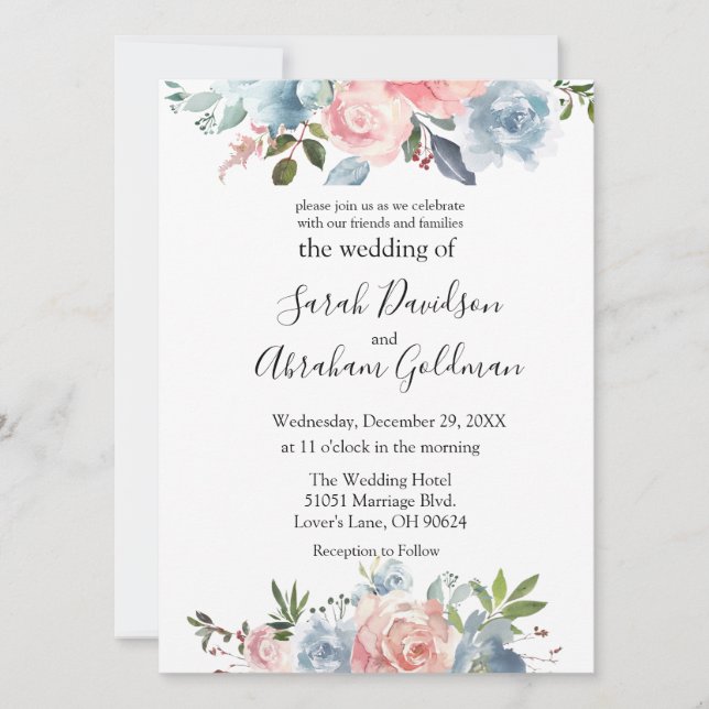 Wedding Invitations - Pink Dusty Blue Floral Roses (Front)