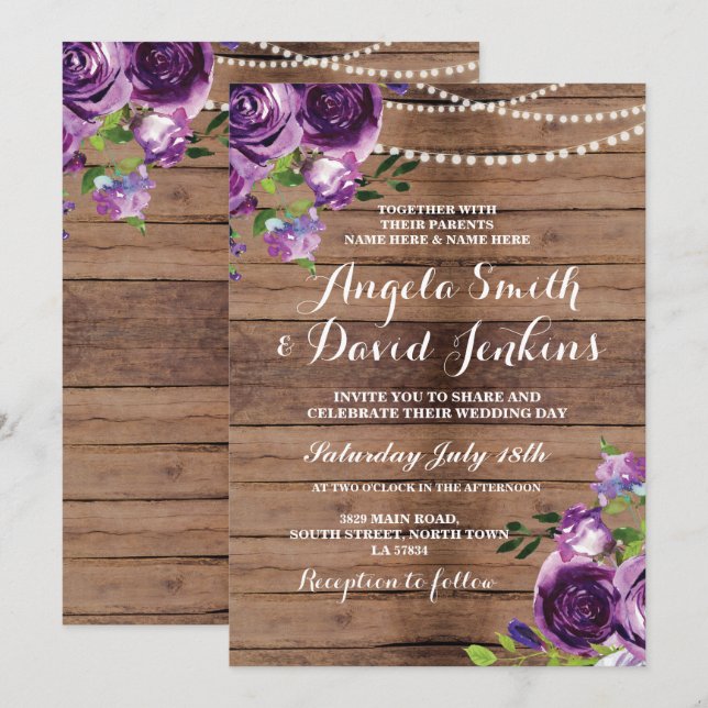 Wedding Invitations Rustic Wood Purple Floral (Front/Back)