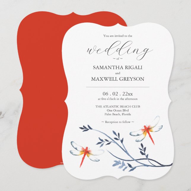 Wedding Invitations Template Red Dragonflies (Front/Back)