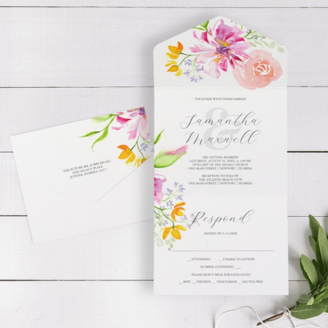 Wedding Invitations with RSVP Card Pink Flowers (Affordable wedding invitation with rsvp card watercolor pink floral art by Victoria Grigaliunas)