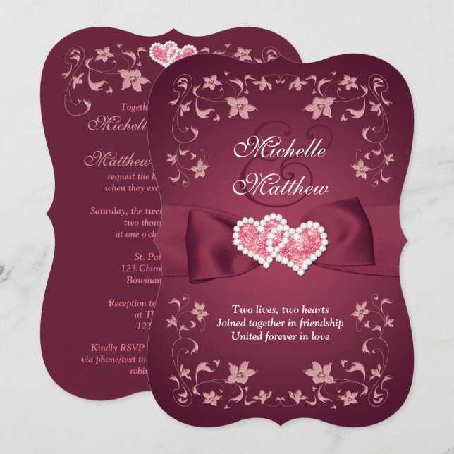 Wedding Invite 2 Burgundy, Blush Floral, Hearts (Front/Back)