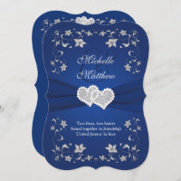 Wedding Invite 2 Royal Blue Silver, Floral, Hearts