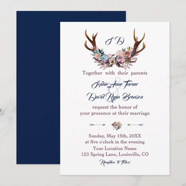 Wedding Invite | Antlers Dusty Blue Pink Floral (Front/Back)