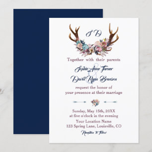 Wedding Invite Antlers Dusty Blue Pink Floral