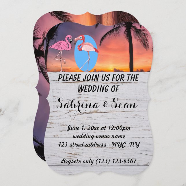 Wedding Invite Beach Flamingo Palm Romantic (Front/Back)