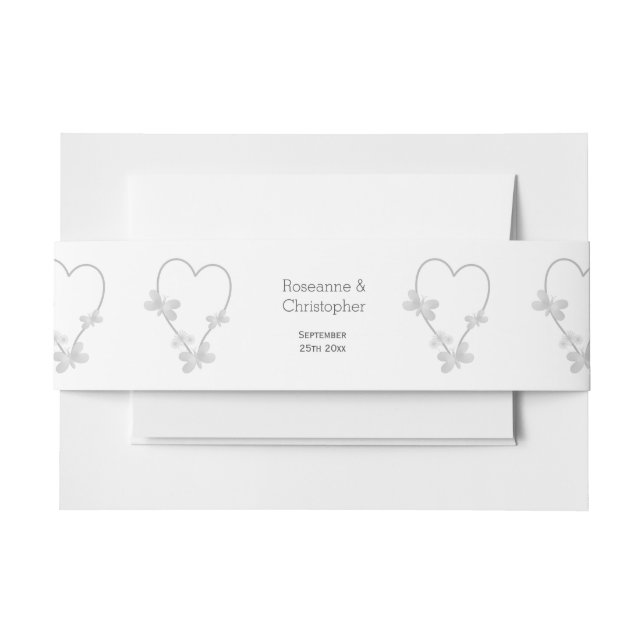Wedding Invite Belly Band Silver Heart Butterflies Invitation Belly Band (Front Example)