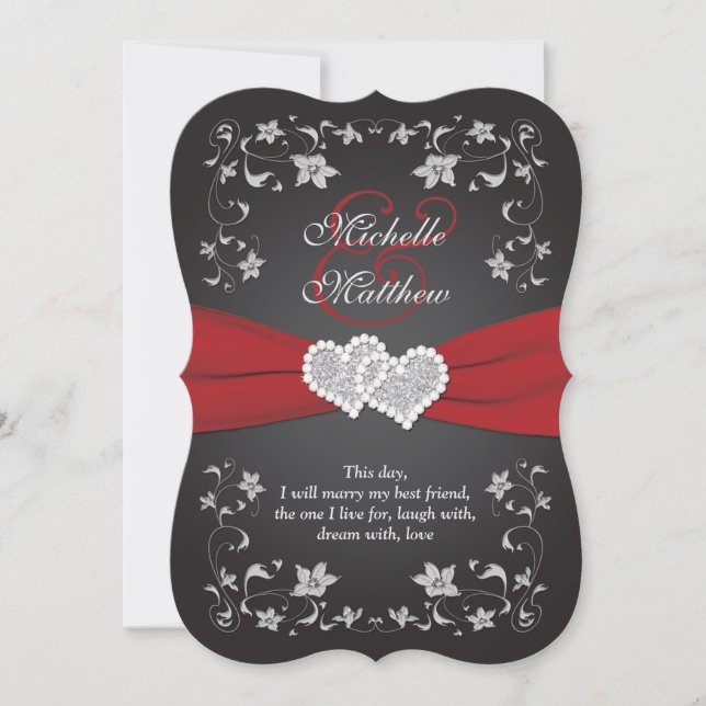 Wedding Invite | Black Red Silver, Floral, Hearts (Front)