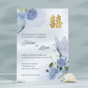 Wedding Invite Blue Butterfly Gold