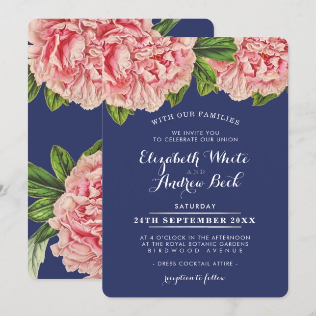 WEDDING INVITE blush pink floral peony flower navy (Front/Back)