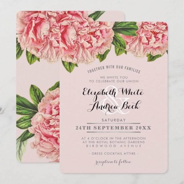 WEDDING INVITE chic blush pink floral peony flower (Front/Back)