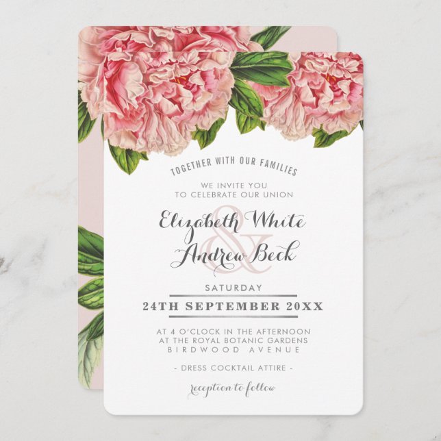WEDDING INVITE chic pink floral peony flowers (Front/Back)