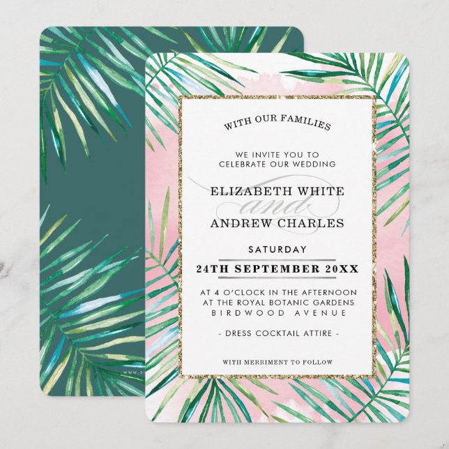WEDDING INVITE chic tropical beach palm leaves (Front/Back)