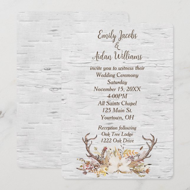 Wedding Invite Deer Antlers on Birch  (Front/Back)