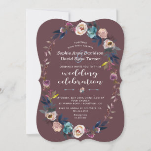 Wedding Invite   Dusty Blue Floral Wreath Maroon