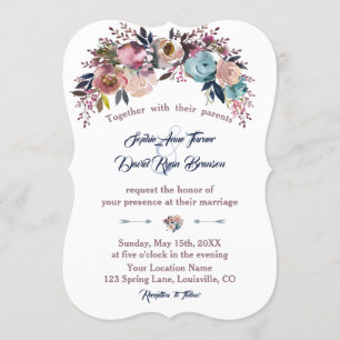 Wedding Invite Dusty Blue Pink Floral Bouquet