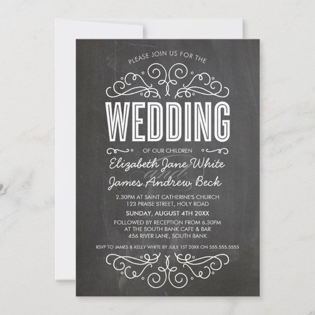 WEDDING INVITE elegant flourish chalkboard grey (Front)