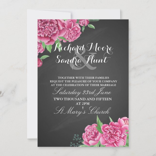 Wedding invite floral chalkboard peony pink (Front)