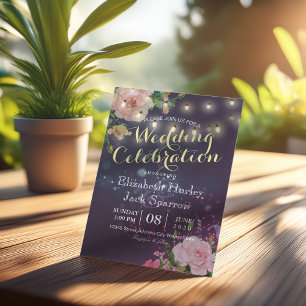 Wedding Invite Floral String Lights Purple Sparkle
