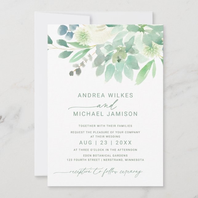Wedding Invite Floral Succulent Watercolor Green (Front)