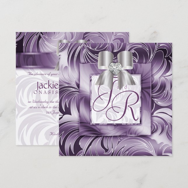 Wedding Invite Leaf Floral Purple Silver Bow 2 (Front/Back)