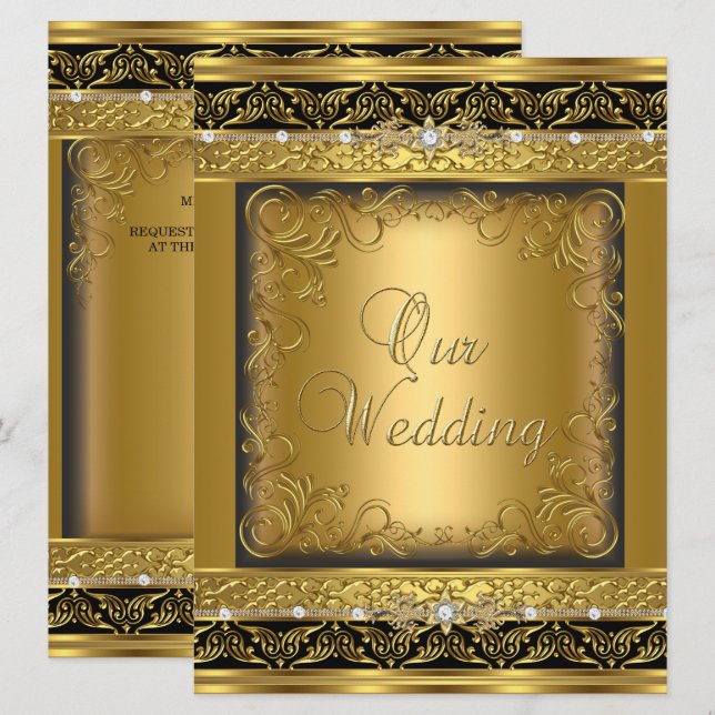 Wedding Invite Metallic Gold Black Diamond (Front/Back)