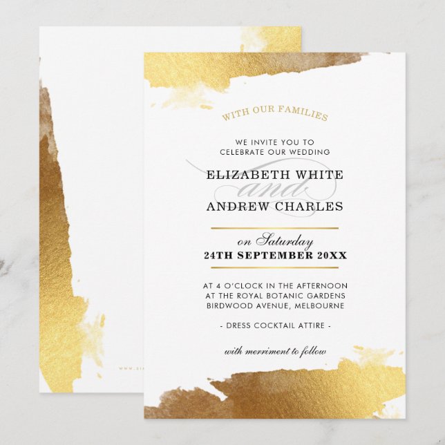 WEDDING INVITE modern luxe gold gilded edges (Front/Back)