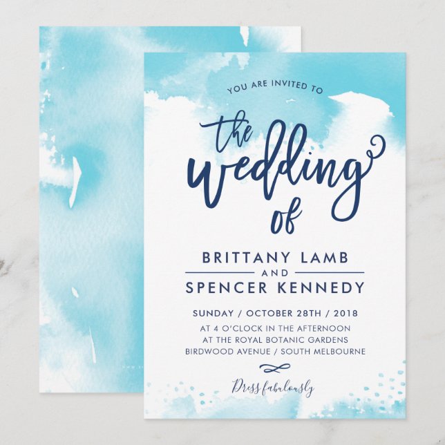 WEDDING INVITE modern stylish aqua blue watercolor (Front/Back)