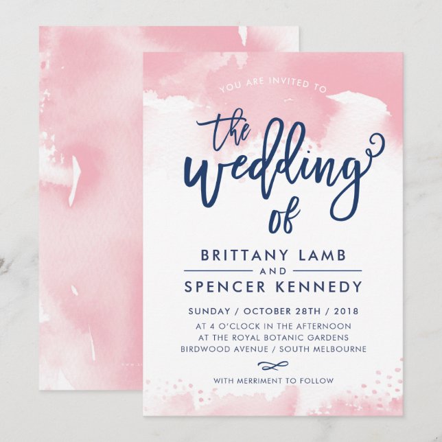 WEDDING INVITE modern stylish navy pink watercolor (Front/Back)
