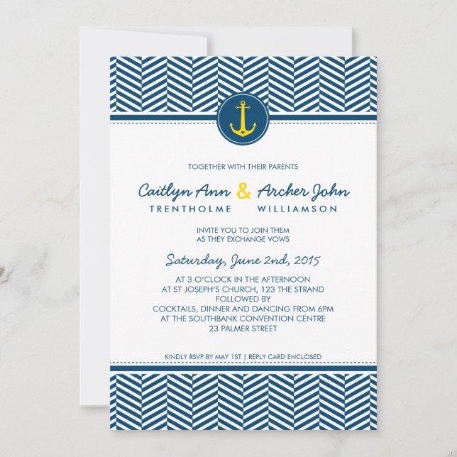 WEDDING INVITE nautical anchor heart navy yellow (Front)