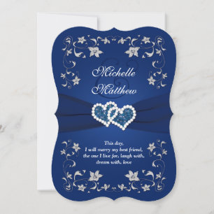 Wedding Invite Navy, Silver, Floral, Hearts
