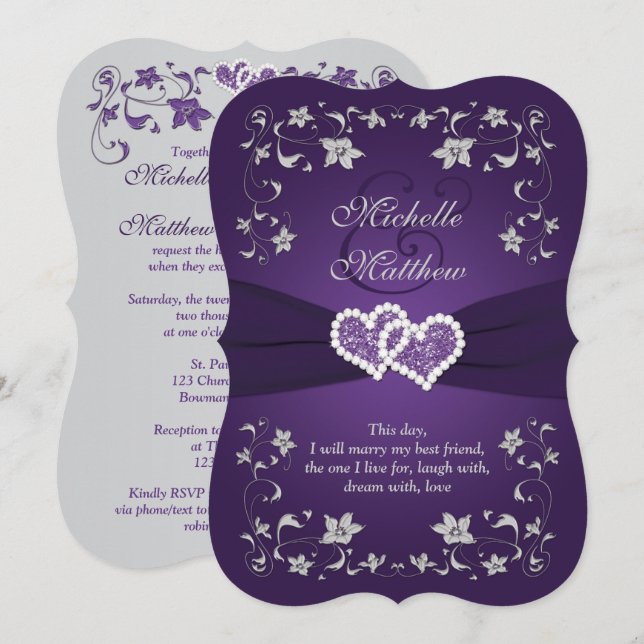 Wedding Invite | Purple, Silver, Floral, Hearts 2 (Front/Back)