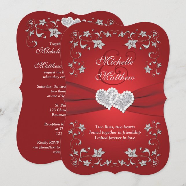 Wedding Invite | Red, Silver, Floral, Hearts 2 (Front/Back)