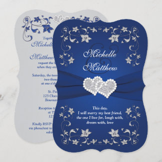 Wedding Invite | Royal Blue Silver, Floral, Hearts