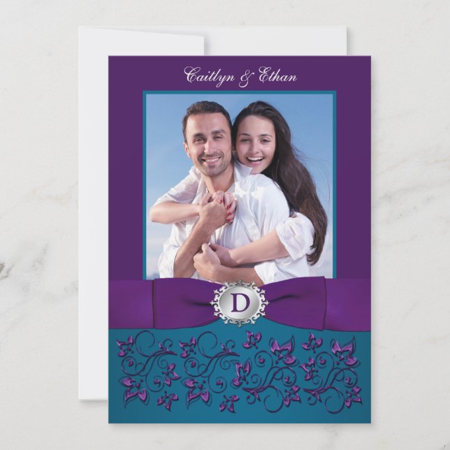 Wedding Invite | Teal, Purple Floral | Photo (Front)