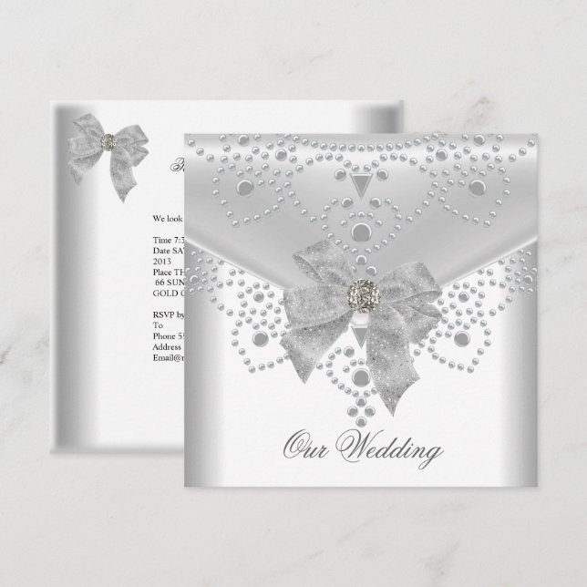 Wedding Invite White Silver Overlay Bow Jewel (Front/Back)
