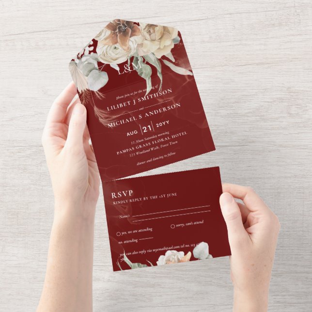 Wedding Invites with RSVP | BOHO Pampas Grass  (Tearaway)