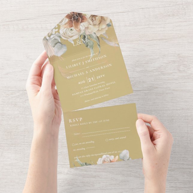Wedding Invites with RSVP | BOHO Pampas Grass  (Tearaway)