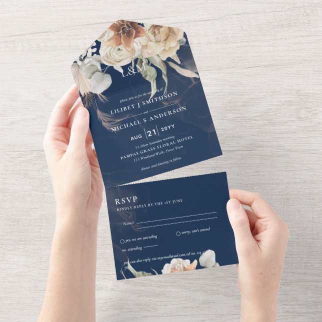 Wedding Invites with RSVP | BOHO Pampas Grass  (Tearaway)