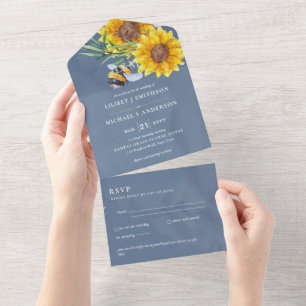 Wedding Invites with RSVP Rustic Sunflowers Bees